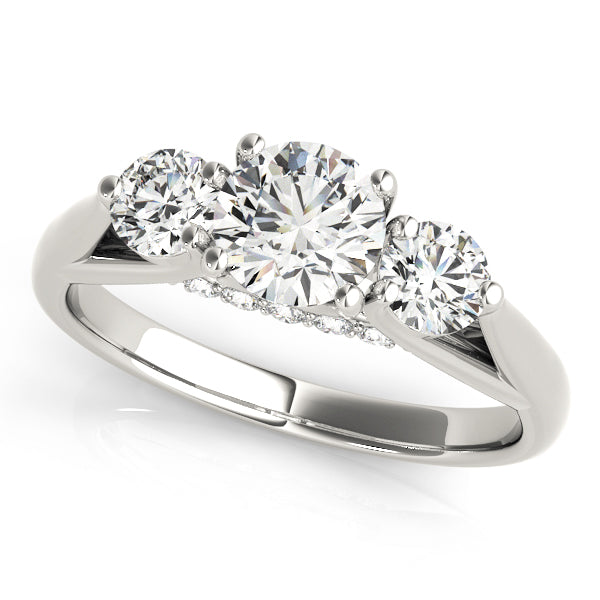 Iris Three Stone Hidden Halo Engagement Ring in Round White Gold