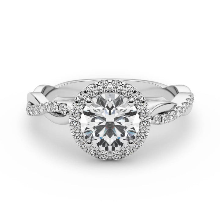 Bute Halo With Twisted Shank Engagement Ring in Round White Gold